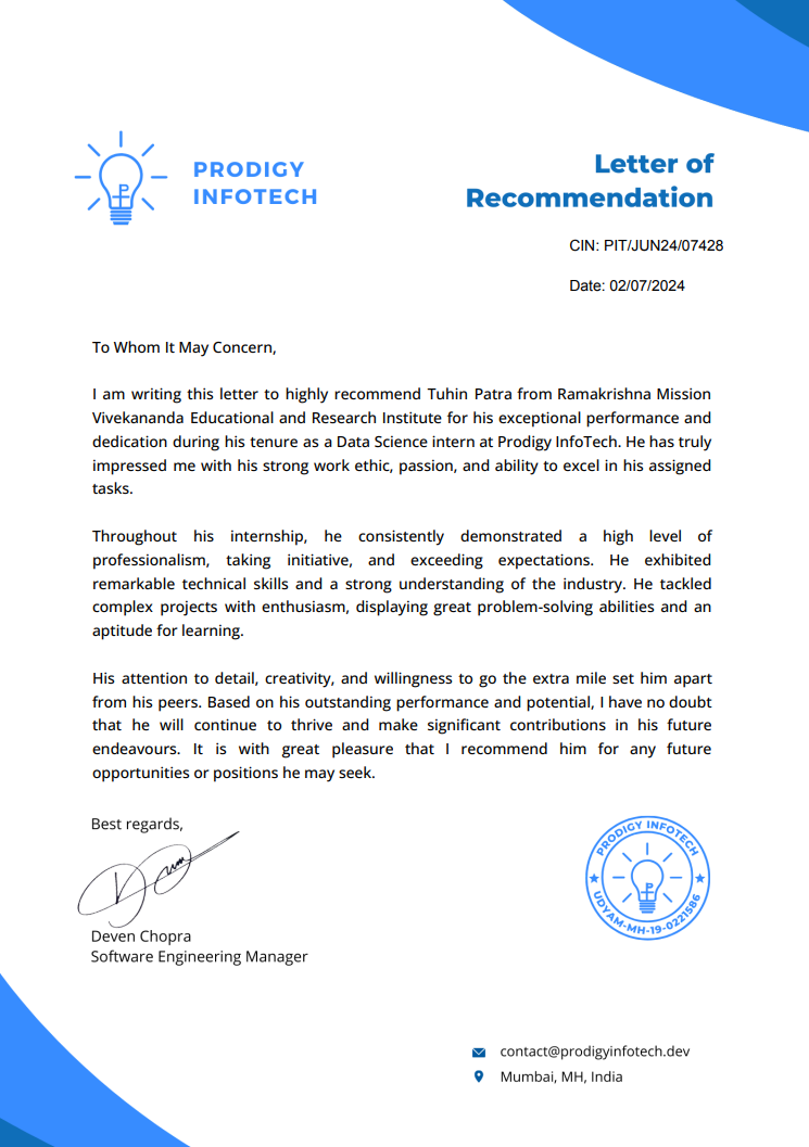 Summer Internship at Prodigy Infotech